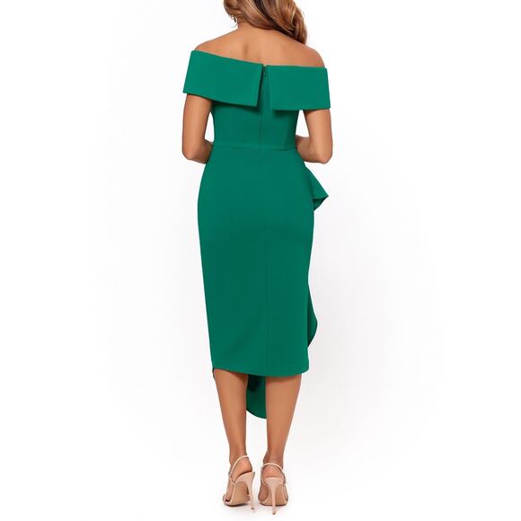 NWT Betsy & Adam 'Maya' Green Off Shoulder Ruffle Scuba Crepe Midi Dress Size 8 - Picture 3 of 3